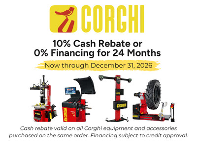 Corghi Q4 Savings: 10% cash rebate or 0% financing for 24 months on Corghi tire changers, balancers, aligners and heavy-duty equipment